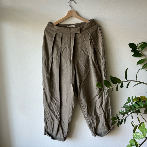 Oak + Fort Olive Green Cotton Linen Blend Pleated Trousers - Picture 1 of 2